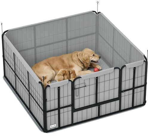 PawHut Parc de Mise Bas pour Chien, Caisse de Mise Bas pour Chiens, avec Porte verrouillable, Tissu Oxford 600D, Tapis de propreté Lavable, enclos Chien, en Acier, 122 x 122 x 60 cm, Noir