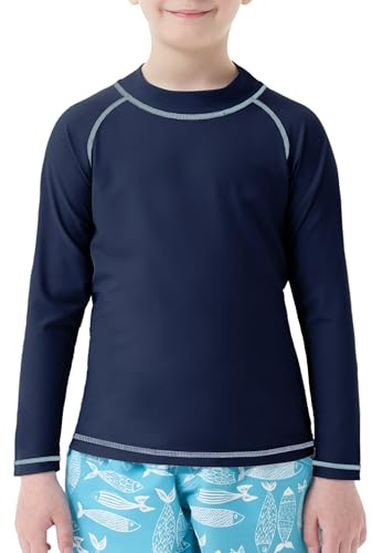 MEETWEE Pojkar simning kortärmad/långärmad tröja barn simning UV t-shirt barn badskjorta rashväst surfing t-shirt snabbtorkande strandskjorta vattensport topp, Marinblå lång ärm, 6 år