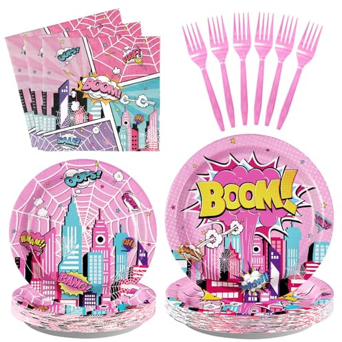 Grencian 96 Pcs Pink Spider Party Supplies Super Girl Hero Paper Plates and Napkins Disposable Spider Pink Ghost Decorations Tableware Set for Girls Birthday Baby Shower Serves 24