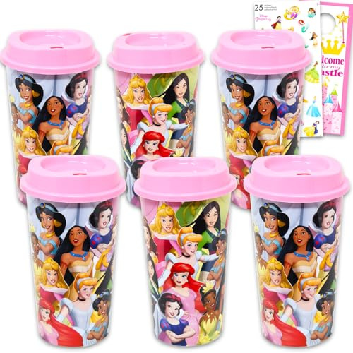 Disney Princess Travel Cup Party Favor Set - Bundle with 6 Princess Tumblers with Lids Plus Stickers and More | Disney Travel Mugs for Girls, Teens, Adults