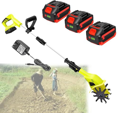 VFMVOYNZ Motoazada eléctrica para jardín, cultivadora, rotovator y motocultor con 2/4 Cuchillas, Ancho de Trabajo 10,5/25 cm, Profundidad 25/22 cm, batería 3×4000 mAh para Jardines, huertos(A)