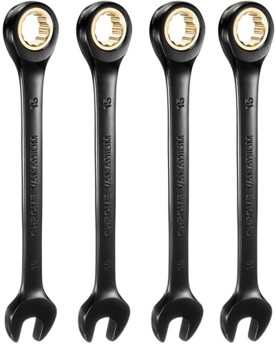 QUARKZMAN 4 Piezas Llave de Trinquete 15mm Métrica Llave de Boca Abierta 72 Dientes Acero CR-V Niquelado Llave Combinada de Trinquete para Tornillos Tuercas y Pernos