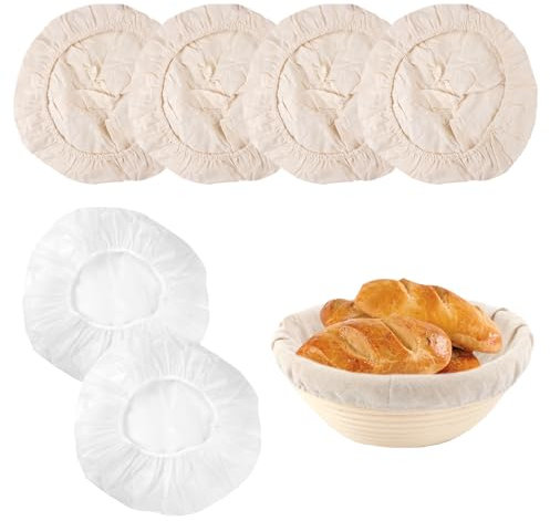 4 + 2 Pezzi 25 Cm Cestino Lievitazione Pane & 28 Cm Coperchio per Lievitazione del Pane, Inserto in Lino per Cestini di Lievitaziones per Di Cucina, Cottura in Casa