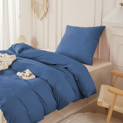 SAPHREAS Bettwäsche 135x200 100% Gewaschene Baumwolle 2teilig, Bettwäsche Sets mit Reißverschluss & 8 Schlaufen, Oeko-Tex Zertifiziert Bettbezug für Allergiker, Marineblau(Ohne Bettdecken)