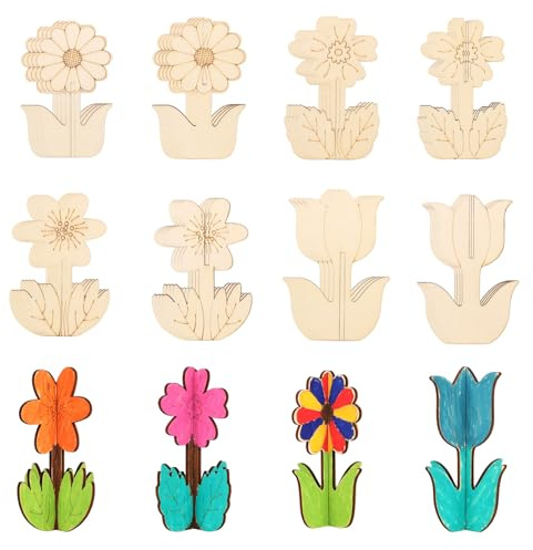 lasuroa 32 Stück Holzblumen zum Basteln, 3D-DIY Frühling Holzhandwerk für Kinder & Erwachsene Bemalbar Blumenhandwerk Ornamente Unbehandelte Holzausschnitte zum Bemalen Dekorationen