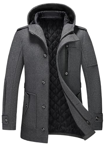 KUDORO Manteau Homme Mi-Long en Laine Chaud avec Capuche pour Hiver Trench Coat Classique Parka Pardessus Caban Slim Fit Coup-Vent Overcoat(Gris,L)
