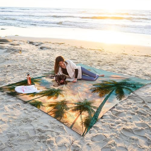 DOTBUY-SHOP Stranddecke Groß, Stranddecke Sandfrei, Picknickdecke Wasserdicht, Faltbar Strandmatte, Schnelltrocknend Outdoor Picknickmatte für Wandern Camping,Kokospalmen (Sonnenuntergang,200x200cm)
