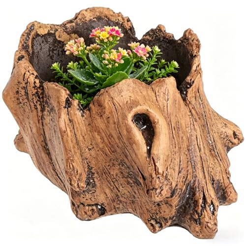 NOLITOY Blumentopf Holzstumpf Imitat Klein Zement Pflanztopf Vintage Betonoptik Sukkulenten Topf Kreativer Garten Uebertopf Dekorative Rustikale Pflanzschale Fuer Innen Und Draussen 12 cm