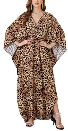 IMAGEKOPE Women's Plus Size Animal Print V-Neck Batwing Kaftan Beach Dress Bathing Suit Cover-Up Loungewear