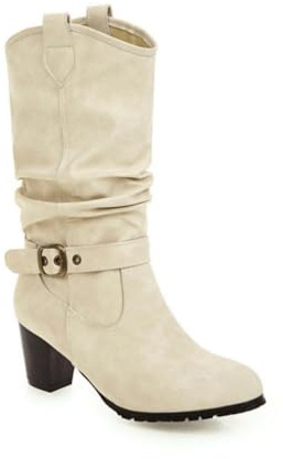 Bottes mi - Mollet Western Slouchy pour Femme, Bottes Cow - Girl à Talon épais, Style Casual et Rodeo, Bottines d'automne - Hiver,Beige,34 EU
