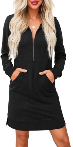PrinStory Abito maglione da donna UK a maniche lunghe con mezza zip scollo a V abito in felpa con tasche laterali, Nero , XL