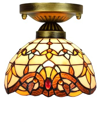 Luce A Soffitto in Stile Tiffany, Piccola Lampada A Uplight in Vetro Colorato, Lampadario Vintage Barocco Giallo da 8 Pollici per La Camera da Pranzo Corridoio Camera da Letto