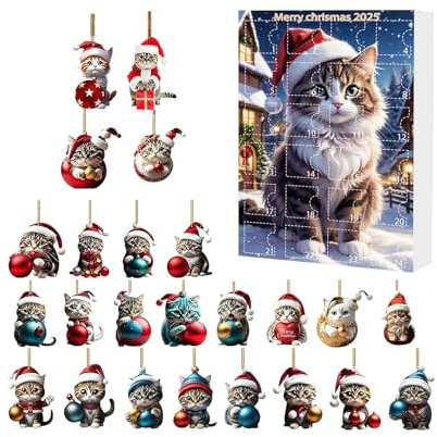 Calendrier De L Avent Pour Noel 2025,Calendrier de l'Avent 2D Figurine Chat Miniature Acrylique pour Enfant | Pendentif de Noël Mignon pour Femme Sœur Amie Enfant Fille