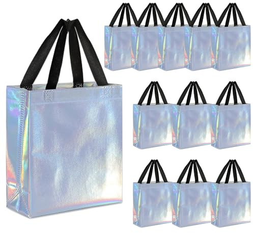 Geschenktüten Groß mit Henkel, 12 Stück Wiederverwendbare Geschenktüten mit Glänzender Oberflächem, Nicht Gewebte Mitgebsel Tüten für Geburtstag Hochzeit Geschenke Einkaufen (Irisierende, 25x20x10cm)