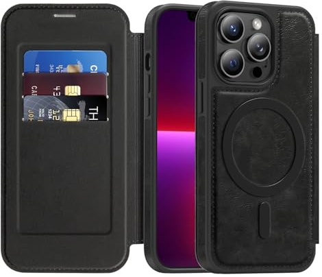 IMIRST Hülle für iPhone 13 Pro Handyhülle mit MagSafe Anti-Kratzer Leder Flip Stoßfest Schutzhülle Klapphülle mit RFID-Sperre Schutzhülle Case für iPhone 13 Pro, WLD Schwarz
