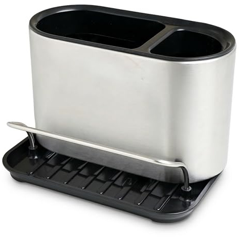 Kitchen Sink Caddy with Drip Tray, Detachable Kitchen Sink Organiser for Sponge, Brush & Washing Up Liquid, Rust Resistant Dish Soap Holder with Drain Tray & Cloth Rail