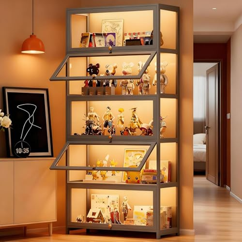 Scribora Standvitrine mit Acrylglas, 5 Böden Glas Vitrinenschrank, Dreiseitiger Transparenter Geschirrschrank, Bücherschrank mit Türen, für Wohnzimmer,Schlafzimmer,Büro (Graue Falttür)