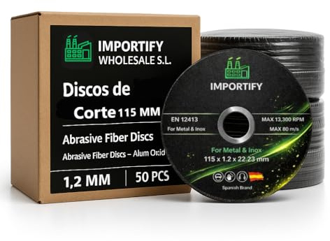IMPORTIFY Discos de Corte para Amoladora Angular | Pack 50 Unidades | Uso Profesional | Metal, Acero e Inox | 1,2 mm (TAMAÑO: 115 MM)