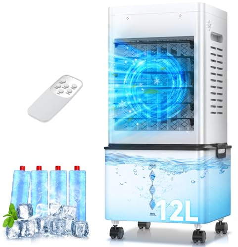 Mobile Klimaanlage, Luftkühler 12L Mobiles Klimagerät ohne Abluftschlauch, Verdunstungskühler mit Fernbedienung, 6 Stufen, 24H Timer, 40 dB Leise, Portable Air Conditioner Räume Büro Schlafzimmer