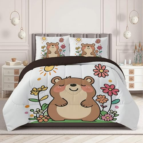 DLERFLOVR Twin Comforter Set Cartoon Beaver Quilted Comforter Soft Bed Set for All Seasons, Flowers and Animals Bedding Set with Down Alternative Comforter & Pillowcases, 68 x 90in Brown