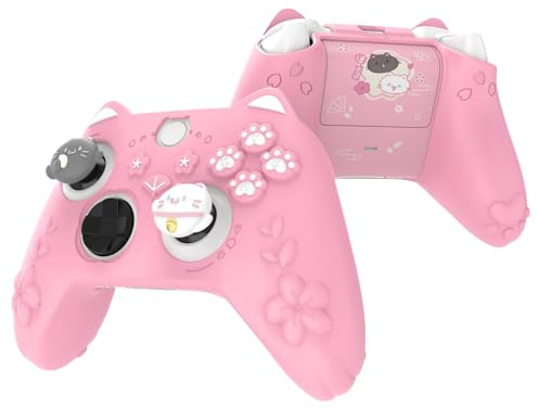 PlayVital Cute Silicone Controller Skin for Xbox Series X/S - Cherry Blossoms Kitten Anti-slip Grip Protector W/Thumb Grips & Sticker - Soft Rubber Cover for Xbox Core Wireless Controller - Pink