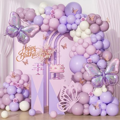 Sunshine Smil - Guirnalda de globos para fiesta de cumpleaños, 134 unidades, diseño de mariposas, color lila y rosa, decoración de cumpleaños
