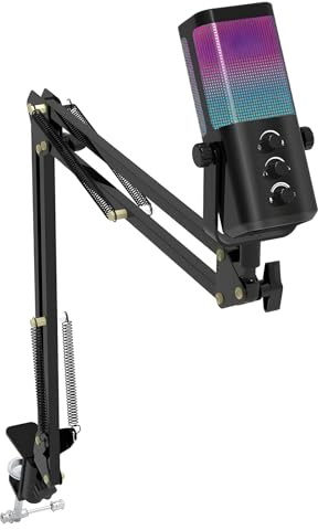 Whoasyst Microfono a condensatore USB da gioco a colori con modalità di illuminazione dinamica Cancellazione del rumore per lo streaming di podcast Microfono per computer portatile USB