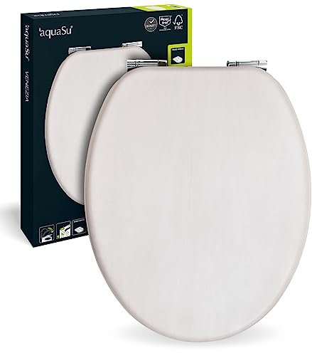aquaSu® Holz WC-Sitz mit Absenkautomatik Venezia Weiß gekalkt, Schnellbefestigung, Metallscharnier, robuster Holzkern Toilettendeckel, ovaler O Form WC-Deckel, Holzfurnier Weiß gekalkt, 40308 5