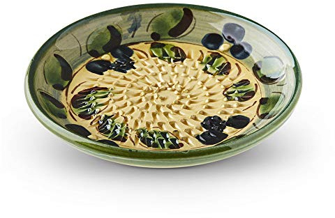 Garlic Grater Plate. (#Ref 1). Handmade and Hand Painted in Cordoba, Spain. Yellow with Green Rim. Olive and Flower Pattern.