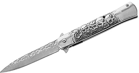 Herbertz Einhandmesser, Stahl AISI 420, Flipper, Liner Lock, Totenköpfe auf Klinge und Edelstahlgriff, Edelstahlclip, hochwertiges Klappmesser, scharfes Taschenmesser