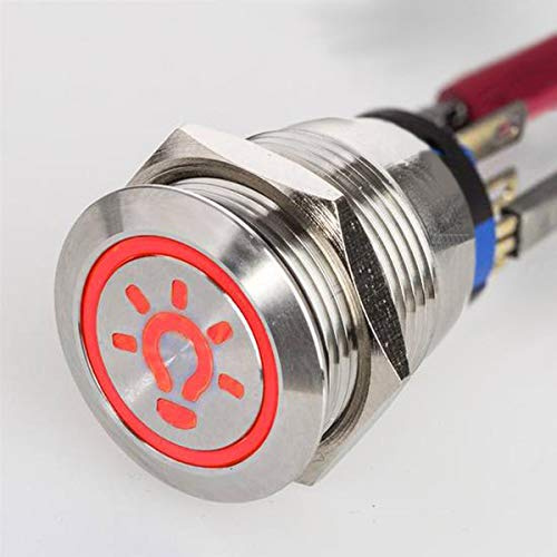 Metzler® Druckschalter LED rastend mit Lichtsymbol und PIN-Anschluss Rot IP67 Edelstahl Ø19 mm witterungsbeständig für Industrie und Modellbau langlebig beleuchteter Taster 10 Jahre Ersatzteilverfügba