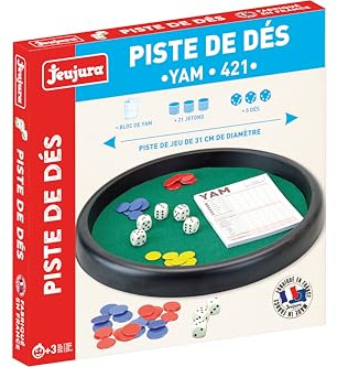 JEUJURA - Piste de Yam 421 - Coffret Complet avec Plateau Bois, 5 Dés, 21 Jetons, Bloc de Score - Jeu Stratégique et Réflexif - Fabriqué en France - À partir de 3 Ans - 8154