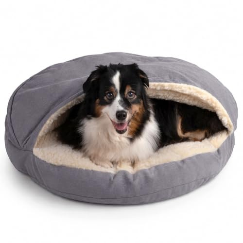Snoozer Cozy Cave Dog Bed, Round Covered Dog Bed, Heather Gray (L) | For small-medium sized pets, Removable washable cover, Calming dog bed with blanket hood, Great for burrowers, USA company