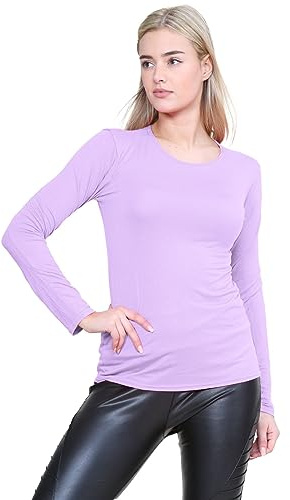 janisramone® Long Sleeve T Shirts Women, Plain Round Neck Breathable Basic Summer Tops for Women UK, Stretchy Slim Fitted Going Out Tops