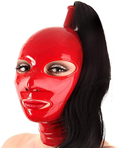 MFMYEE 100% Latex BDSM Fetisch Vollfesselmaske mit Perücke (ROT)