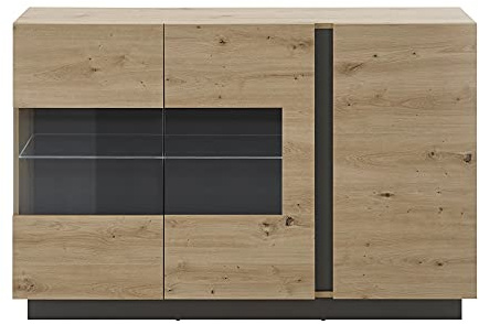 Lomadox Vitrinen-Sideboard in Eiche Artisan Nb. mit Absetzungen in Graphit grau, B/H/T: ca. 138/91/40 cm