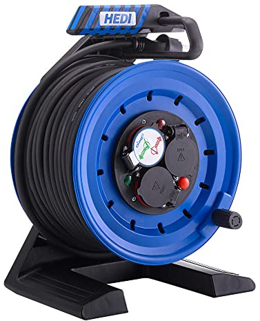HEDI Vollkunststoff-Kabeltrommel Generation 7 Companion (Kabeltrommel-ø 250 mm, 40 m Neopren-Gummi Leitung, spritzwassergeschützte 3-fach Schutzkontakt-Steckdose 250 V) K7A40NTF
