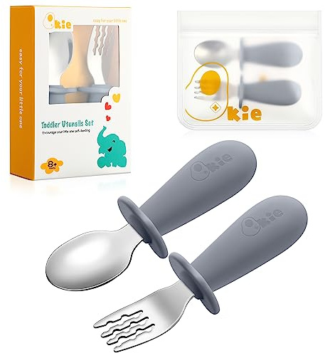 Qkie Cubertería infantil para bebé con bolsa de almacenamiento, cuchara de bebé de acero inoxidable y tenedor de bebé con asas de silicona para bebés y niños pequeños, cubiertos de aprendizaje sin