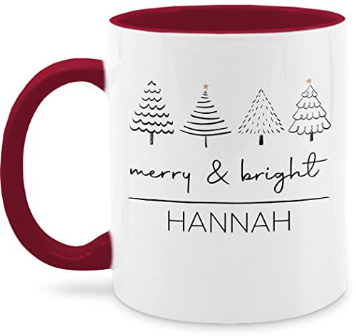 Tasse Tassen 325ml - Weihnachten Weihnachtstasse - Weihnachtsbäume Merry and Bright mit Name personalisiert I Weihnachtsmotiv - 325 ml - Bordeauxrot - weihnachtstassen personalisierte christmas