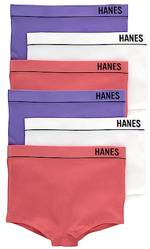 Hanes Women's Originals Seamless Stretchy Ribbed Boyfit Panties Pack, Assorted Colors, 6-Pack Briefs, White/Lively Lavender/Pink Begonia, L (Pack of 6)