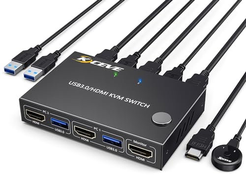Switch KVM USB 3.0 HDMI 2 porte, 4K@60Hz Switch KVM 2 PC 1 Monitor, Switch HDMI USB 2 Condivisione PC 4 dispositivi USB 3.0 Mouse Tastiera, con telecomando cablato e 3 cavi