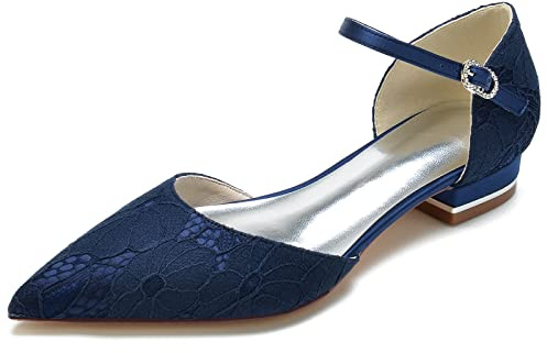 2,5 CM Häl Elegant Dam Pumps Låga klackar Spets- och satinbröllopsskor Snörning Slip on Kitten Heel Court Skor Sommarkväll Festklänning Sandaler,Dark blue,41 EU