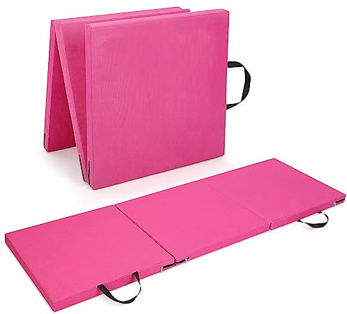 Trintion Tri-Fold 1.5 Thick Folding Gymnastics Exercise Mat Non Slip Soft Foam Yoga Mat with Carry Strap Handles for Tumbling Camping Pilates Home Training Floor Workout Aerobics 180x60x4CM (Pink)