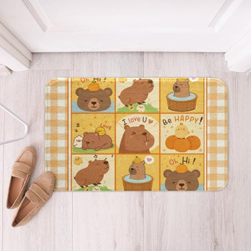 Kids Cute Capybara Bath Mats,Cartoon South America Rodent Animals Mats Rugs for Boys Girls Adults,Geometric Grids Patchwork Bath Carpets,Orange Bath Rugs,Absorbent Floor Mats,20Wx32L Inches