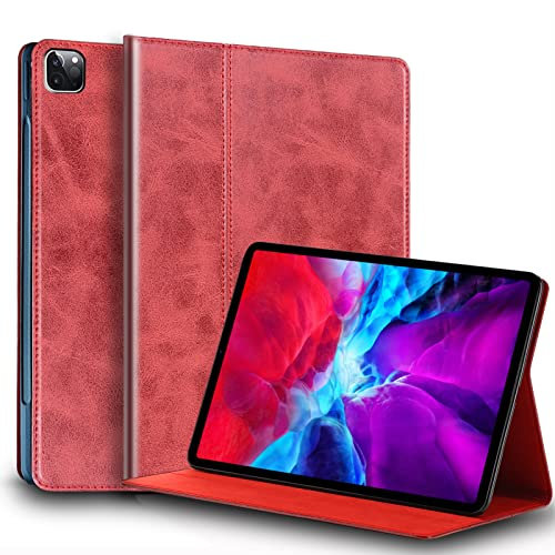 Gexmil Leder Hülle für iPad Pro 11 Zoll 4./3./2./1. Generation 2022/2021/2020/2018 Echt Leder Hülle Stoßfest, Smart Cover Automatischer Schlaf/Aufwachen,Einstellbarer Ständer rutschfest,Rot