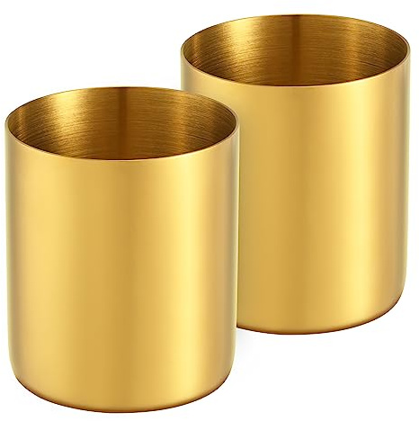 luvtree Lot de 2 porte-stylos ronds en acier inoxydable doré de 8,1 cm - Organiseur de papeterie de bureau - Support de rangement pour pinceaux de maquillage - Vase de style simple