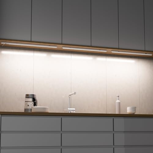ENUOTEK Réglette LED Cuisine 60cm avec 5 Couleurs de Lumière, Eclairage LED Cuisine Sous Meuble avec Détecteur de Mouvement Intérieur, 10W 800Lm Lampe avec Placard et Prise (lot de 3)