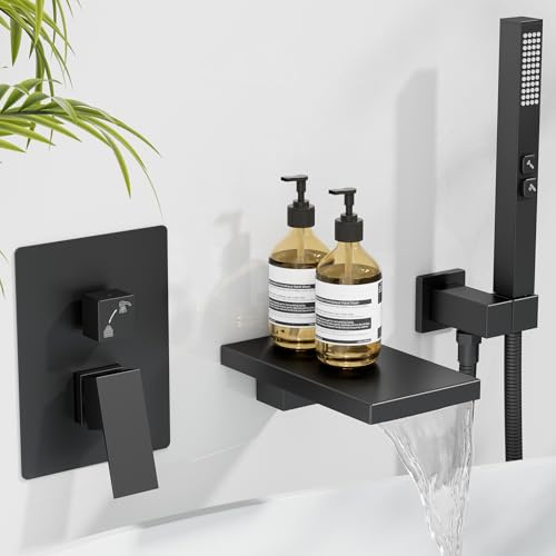Hoimpro Wall Mount Tub Faucets with Waterfall Tub Spout, Wall Mounted Bathtub Faucet with Handheld Sprayer Bathroom Tub Filler Shower Bathtub Faucet Set, Tub Faucet Sets Rough-in Valve, Matte Black
