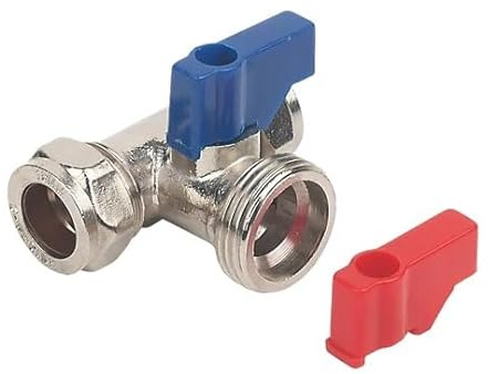 Compression Washing Machine Valve TEE 15MM X 15MM X 3/4, Brass, Steel and Plastic Construction. Includes Handles. Suitable for Water, 1 in Pack