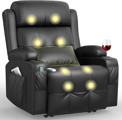 BareTay Recliner Armchair Electric Recliner Chair with Massage & Heat, Extended Footrest,Reclining Chair Lounge Sofa with Extra Pillow, Type C+USB Dual Drink Holders, 4 Side Pockets Padded Recliners